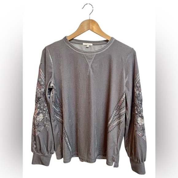 Anthropologie Kate & Sam Embroidered Velvet Blouse Silver Gray Balloon Sleeve S - Picture 1 of 6